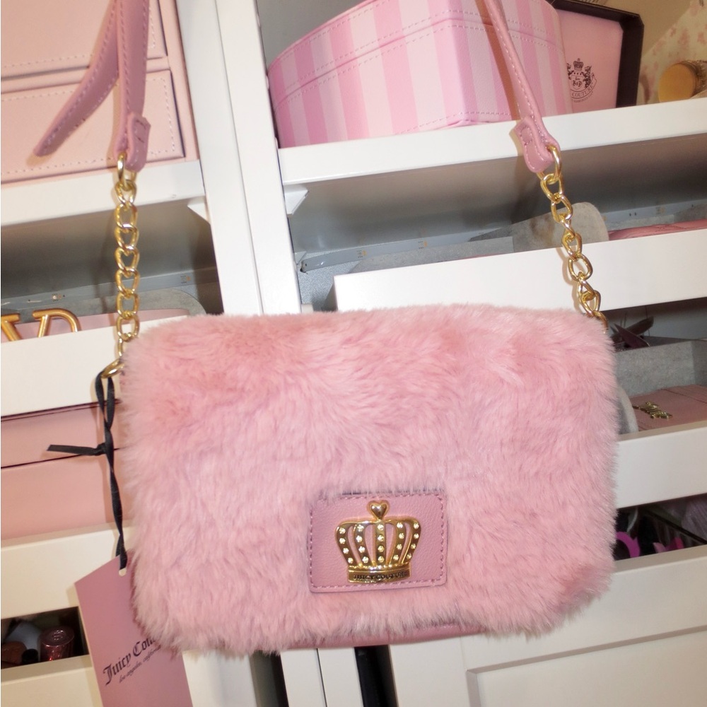 Juicy Couture Pink Fur Shoulder Bag with Gold Chain